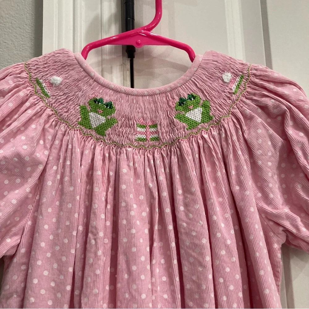 Pink and white polka dot corduroy short sleeve smocked dress with frogs Girls 6